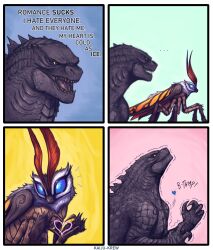 Rule 34 | !, ..., 1boy, 1girl, absurdres, artist request, blue eyes, bug, claws, crown, disgust, english text, giant, giant monster, godzilla, godzilla: king of the monsters, godzilla (series), heart, heart hands, hetero, highres, insect, insect wings, jewelry, kaijuu, legendary pictures, looking at another, looking at viewer, monster, monsterverse, moth, mothra, no humans, sharp teeth, simple background, spikes, teeth, toho, trembling, upper body, wings, yellow eyes