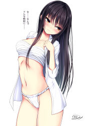 Rule 34 | 1girl, black hair, blush, breasts, brown eyes, chest sarashi, closed mouth, collarbone, collared shirt, commentary request, dress shirt, fundoshi, hair over breasts, head tilt, highres, japanese clothes, kurokami (kurokaminohito), legs together, long hair, looking away, medium breasts, medium sleeves, navel, original, sarashi, shirt, signature, simple background, solo, standing, translation request, very long hair, white background, white shirt, wing collar