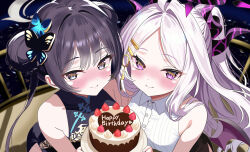 2girls absurdres bare_shoulders birthday_cake black_dress black_hair black_skirt blue_archive blush butterfly_hair_ornament cake china_dress chinese_clothes closed_mouth demon_girl demon_horns demon_wings double_bun dress food forehead grey_eyes hair_between_eyes hair_bun hair_ornament highres hina_(blue_archive) holding holding_plate horns kisaki_(blue_archive) looking_at_viewer mokyukyu_2339 multiple_girls plate purple_eyes shirt sidelocks skirt sleeveless sleeveless_dress sleeveless_shirt smile twintails white_hair white_shirt wings