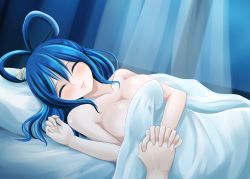 Rule 34 | 1girl, absurdres, bed sheet, blue hair, blush, breasts, cleavage, commentary request, curtains, closed eyes, holding hands, highres, hisin, kaku seiga, large breasts, looking at viewer, lying, medium hair, naked sheet, nude, on bed, pillow, pov, pov hands, smile, solo focus, touhou