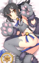 Rule 34 | 1girl, animal ears, animal hands, ass, bare shoulders, bell, between legs, black hair, black panties, blush, breasts, brown eyes, cat ears, cat tail, choker, commentary request, fake animal ears, fate/kaleid liner prisma illya, fate (series), fur trim, gloves, grey thighhighs, hair ornament, hairclip, highres, kaleidostick, long hair, looking at viewer, lying, miyu edelfelt, navel, neck bell, on side, open mouth, osa (osaosa), panties, paw gloves, paw shoes, shirt, shoes, sleeveless, sleeveless shirt, small breasts, solo, tail, thighhighs, thong, twintails, underwear, wand