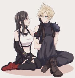 1boy 1girl armor baggy_pants bare_shoulders black_gloves black_hair black_skirt black_sports_bra black_thighhighs blonde_hair blue_eyes blue_pants blue_sweater boots bracelet breasts brown_footwear closed_mouth cloud_strife collarbone crop_top elbow_gloves final_fantasy final_fantasy_vii final_fantasy_vii_rebirth final_fantasy_vii_remake fingerless_gloves full_body gloves grey_background hair_between_eyes hand_on_another&#039;s_cheek hand_on_another&#039;s_face hand_on_own_thigh highres jewelry knee_up long_hair looking_at_another materia medium_breasts midriff miniskirt mizuamememe navel open_mouth pants profile red_eyes red_footwear ribbed_sweater short_hair shoulder_armor simple_background single_arm_guard single_bare_shoulder sitting skirt sleeveless sleeveless_turtleneck spiked_hair sports_bra suspender_skirt suspenders sweater tank_top thighhighs tifa_lockhart turtleneck turtleneck_sweater white_tank_top yokozuwari zettai_ryouiki