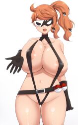 Rule 34 | 1girl, absurdres, areola slip, belt, black gloves, black slingshot swimsuit, breasts, collarbone, covered erect nipples, creatures (company), game freak, gloves, hair ornament, hidden eyes, highres, huge breasts, mask, mistynight, navel, nintendo, open mouth, orange hair, poke ball, pokemon, pokemon: the electric tale of pikachu, pokemon masters ex, pokemon swsh, ponytail, revealing clothes, simple background, slingshot swimsuit, sonia (pokemon), sweat, sweatdrop, swimsuit, team break, white background