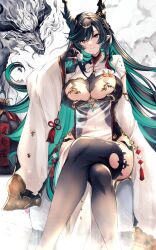 Rule 34 | 1girl, absurdres, black gloves, black hair, black thighhighs, breast cutout, breasts, clothing cutout, colored inner hair, commentary request, crossed legs, cup, detached sleeves, dragon, dragon girl, dragon horns, draph, dress, eastern dragon, fingerless gloves, gloves, granblue fantasy, green eyes, green hair, hair between eyes, hair ornament, highres, holding, holding cup, horn ornament, horns, kamishiro mai (capti-no), large breasts, long hair, looking at viewer, mole, mole under mouth, multicolored eyes, multicolored hair, navel, payila (granblue fantasy), pointy ears, red eyes, see-through, see-through dress, sitting, smile, solo, stomach cutout, tassel, tassel hair ornament, thighhighs, two-tone eyes, two-tone hair, very long hair, white dress, white sleeves, wide sleeves