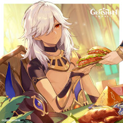 Rule 34 | absurdres, arabian clothes, black choker, chair, chicken (food), choker, closed mouth, copyright name, cyno (genshin impact), dark-skinned male, dark skin, food, genshin impact, hair over one eye, highres, indoors, logo, long hair, male focus, necomi, official art, plant, plate, sitting, thai commentary, upper body, white hair