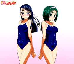 Rule 34 | 00s, 2girls, akimoto komachi, arms behind back, artist request, blue eyes, blue hair, blush, breasts, covered erect nipples, eyelashes, gradient background, green eyes, green hair, hairband, long hair, medium breasts, minazuki karen, multiple girls, non-web source, one-piece swimsuit, precure, school swimsuit, skin tight, small breasts, swimsuit, third-party edit, yes! precure 5