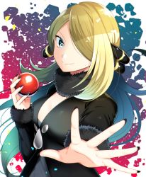 Rule 34 | 1girl, black nails, blonde hair, blue eyes, blue hair, breasts, creatures (company), cynthia (pokemon), floating hair, game freak, hair over one eye, highres, holding, holding poke ball, long hair, looking at viewer, medium breasts, multicolored hair, nail polish, nintendo, outstretched arm, poke ball, poke ball (basic), pokemon, pokemon dppt, smile, solo, two-tone hair, upper body, very long hair, yuihico