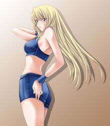 Rule 34 | 1girl, :o, adjusting hair, ass, back, bare shoulders, blonde hair, blue eyes, blush, breasts, brown background, cowboy shot, eyes visible through hair, flat ass, from side, gradient background, hand on own hip, highres, long hair, looking at viewer, looking back, medium breasts, metroid, metroid fusion, midriff, nintendo, open mouth, samus aran, shadow, short shorts, shorts, simple background, solo, sports bra, tamamon, very long hair, wristband