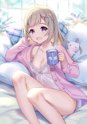 Rule 34 | 1girl, :d, ahoge, arm support, bare legs, blue eyes, breasts, brown hair, camisole, cardigan, cleavage, coffee, coffee mug, collarbone, commentary request, cup, feet out of frame, hair ornament, hairclip, holding, holding cup, indoors, light rays, long hair, long sleeves, looking at viewer, medium breasts, midori foo, mixed-language commentary, mug, open cardigan, open clothes, open mouth, original, pillow, pink cardigan, plaid, reclining, smile, solo, strap gap, stuffed toy, sunbeam, sunlight, swept bangs, tareme, unbuttoned, x hair ornament