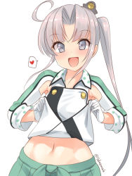 Rule 34 | 1girl, ahoge, akitsushima (kancolle), blush, clothes lift, green skirt, grey hair, hair ornament, hair ribbon, hat, highres, jacket, kantai collection, lifting own clothes, long hair, looking at viewer, military, military uniform, navel, open mouth, pleated skirt, purple eyes, purple hair, ribbon, side ponytail, sidelocks, simple background, skirt, smile, solo, takase muh, uniform, white background