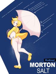 Rule 34 | 1girl, ass, black eyes, blonde hair, blue background, bluebreed, canister, colored skin, dress, from behind, highres, holding, leg up, logo parody, long sleeves, looking back, looking down, morton salt, morton salt girl, open mouth, panties, pouring, rain, salt, shoes, short hair, standing, thong, umbrella, underwear, white skin, wind, wind lift, yellow dress, yellow footwear, yellow panties