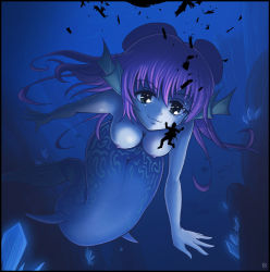 Rule 34 | 1girl, breasts, felarya, giant, giantess, green eyes, karbo, looking at another, medium breasts, mermaid, monster girl, purple hair, pussy, smile, underwater