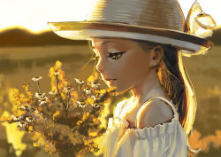 Rule 34 | 1girl, aged down, aro (charged time out), bad id, bad pixiv id, bare shoulders, blonde hair, blurry, brown eyes, child, day, depth of field, field, flower, half-closed eyes, hat, long hair, looking down, mountain, original, outdoors, photo-referenced, realistic, sketch, solo, sun hat, sunlight