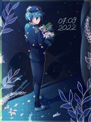 Rule 34 | 1boy, black background, black footwear, black hair, black jacket, black pants, bouquet, brown eyes, cheer (cheerpuppy14), closed mouth, danganronpa (series), danganronpa v3: killing harmony, dated, flower, from side, gradient background, hair between eyes, highres, holding, holding bouquet, jacket, long sleeves, looking to the side, male focus, pants, saihara shuichi, short hair, solo, striped clothes, striped jacket, striped pants