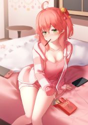 Rule 34 | 1girl, absurdres, ahoge, alternate costume, breasts, cellphone, cleavage, collarbone, food, green eyes, hair ornament, hairclip, highres, hololive, indoors, large breasts, long sleeves, looking at viewer, nintendo switch, nyan (reinyan 007), phone, pink hair, pocky, pocky day, sakura miko, sitting, smartphone, solo, table, virtual youtuber, x hair ornament