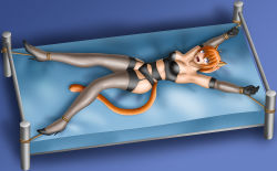 Rule 34 | 1girl, absurdres, animal ears, bdsm, bed, bondage, bound, bound ankles, bound wrists, breasts, cat ears, cat tail, cleavage, fang, fire emblem, fire emblem: path of radiance, fire emblem: radiant dawn, garter belt, garter straps, gloves, high heels, highres, laguz (race), leggings, lethe (fire emblem), lingerie, lying, medium breasts, nintendo, on back, on bed, open mouth, orange hair, purple eyes, rope, scared, short hair, spread legs, tail, thighhighs, underwear, worried, you gonna get raped