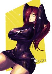 Rule 34 | 1girl, absurdres, arms behind head, arms up, breasts, covered navel, cowboy shot, cross, cross necklace, curvy, hair over one eye, highres, jewelry, large breasts, long hair, necklace, panties, parasoul (skullgirls), red hair, skirt, skullgirls, solo, sweater, turtleneck, turtleneck sweater, underwear, unisan, upskirt, water drop, wet, wide hips, yellow background, yellow eyes