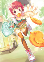Rule 34 | 1girl, bad id, bad pixiv id, bag, blush, bracelet, eating, food, food stand, frills, handbag, hat, highres, jewelry, mouth hold, orange thighhighs, original, outstretched arm, outstretched hand, paper bag, pink hair, pink scarf, polka dot, reaching, red eyes, red hair, running, scarf, shoes, short hair, skirt, sneakers, solo, taiyaki, takeda mika, thighhighs, tree, wagashi, white footwear
