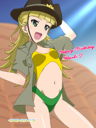 Rule 34 | 1girl, blonde hair, blush, breasts, dated, girls und panzer, happy birthday, highres, long hair, naotosi, navel, small breasts, solo, wallaby (girls und panzer)
