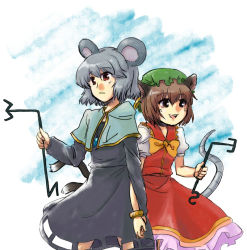 Rule 34 | 2girls, aichi, animal ears, brown hair, cat ears, cat girl, cat tail, chen, colorized, dress, earrings, female focus, grey hair, hat, holding hands, jewelry, mouse ears, mouse tail, multiple girls, multiple tails, nazrin, pendant, red eyes, short hair, tail, touhou, white background