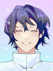 Rule 34 | 1boy, blue hair, chinese commentary, commentary request, facing viewer, fang wo chuqu, film grain, gradient background, grin, hair between eyes, highres, male focus, multicolored background, portrait, saibou shinkyoku, shirt, short hair, smile, solo, utsugi noriyuki, white shirt
