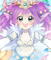Rule 34 | 1girl, :d, animal, armlet, bad id, bad pixiv id, blue background, blue eyes, blush, breasts, cleavage, collarbone, coral, elbow gloves, fins, fish, gloves, hair ornament, head fins, jewelry, leaning, leaning forward, long hair, looking at viewer, lots of jewelry, mermaid, midriff, monster girl, navel, nkoooch, open mouth, purple hair, puzzle &amp; dragons, shell, shell bikini, siren (p&amp;d), skirt, smile, solo, tiara, underwater, white gloves