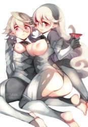 Rule 34 | 1boy, 1girl, 2017, alcohol, arm support, armor, ass, barefoot, black gloves, breastless clothes, breasts, corrin (female) (fire emblem), corrin (fire emblem), corrin (male) (fire emblem), corrin (male) (fire emblem), cup, dated, dual persona, fire emblem, fire emblem fates, gloves, hair between eyes, hairband, kneeling, long hair, looking at viewer, negiwo, nintendo, nippleless clothes, nipples, pointy ears, red eyes, sakazuki, sake, short hair, silver hair, simple background, smile, twitter username, white background