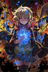 Rule 34 | 1girl, amulet, bad id, bad pixiv id, black thighhighs, blonde hair, blue fire, blue skirt, energy, fire, glowing, glowing eyes, grin, gs 1st star, len (a-7), looking at viewer, miniskirt, plaid, plaid skirt, red eyes, sangiovese, scarf, short hair, silhouette, skirt, smile, solo, sword girls, thighhighs, zettai ryouiki