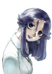 Rule 34 | 1girl, absurdres, bags under eyes, blue eyes, blue hair, blue lips, breasts, collared shirt, dark blue hair, earrings, eyeball, eyeball earrings, eyeball necklace, hair between eyes, head tilt, highres, jewelry, level-00, loose hair strand, medium breasts, medium hair, necklace, original, parted bangs, parted lips, shirt, simple background, solo, upper body, white background, white shirt