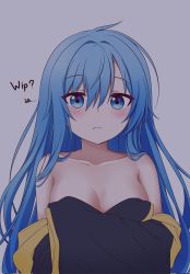 Rule 34 | 1girl, blue eyes, blue hair, blush, breasts, cleavage, closed mouth, elie wayne, highres, jan azure, large breasts, long hair, looking at viewer, original, solo, unfinished, upper body