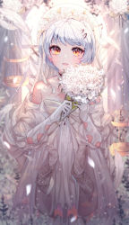 Rule 34 | 1girl, :d, absurdres, bad id, bad pixiv id, bouquet, choker, collarbone, cowboy shot, dress, elbow gloves, feathers, flower, girls&#039; frontline, gloves, hair flower, hair ornament, head wreath, highres, holding, holding bouquet, huge filesize, indoors, looking at viewer, official alternate costume, open mouth, petals, short dress, short hair, silver hair, smile, solo, standing, strapless, strapless dress, wedding dress, white dress, white feathers, white flower, white gloves, wine (2148 wine), yellow eyes, zas m21 (affections behind the bouquet) (girls&#039; frontline), zas m21 (girls&#039; frontline)