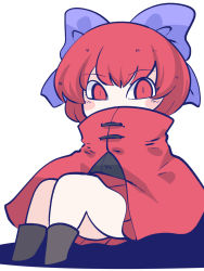 Rule 34 | 1girl, black footwear, black shirt, blue bow, blush stickers, boots, bow, chahan (fried rice0614), cloak, hair bow, highres, one-hour drawing challenge, pleated skirt, red cloak, red eyes, red hair, red skirt, sekibanki, shirt, short hair, simple background, skirt, solo, touhou, white background