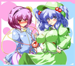 Rule 34 | 2girls, backpack, bag, blue eyes, blue hair, blush, bow, breast envy, breasts, covered erect nipples, dress, female focus, flat chest, hair bobbles, hair bow, hair ornament, hairband, hands on own hips, hat, impossible clothes, impossible dress, kawashiro nitori, key, komeiji satori, large breasts, looking at breasts, mouth hold, multiple girls, pink hair, randoseru, red eyes, short hair, shoushinmono, simple background, tanaka ginji, touhou, twintails, two side up, wrench