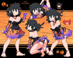 Rule 34 | 1girl, anklet, ass, backless dress, backless outfit, barefoot, black choker, black eyes, black nails, butt crack, choker, crab, dress, elbow gloves, english text, fingerless gloves, gloves, halftone, hand up, highres, jack-o&#039;-lantern, jewelry, lucia (scott malin), multiple views, necklace, orange outline, original, panties, print dress, print gloves, print panties, scott malin, sleeveless, sleeveless dress, strapless, strapless dress, underwear