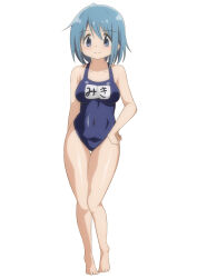 Rule 34 | 1girl, absurdres, bare shoulders, blue eyes, blue hair, hateri, highres, looking at viewer, mahou shoujo madoka magica, miki sayaka, short hair, simple background, smile, solo, swimsuit
