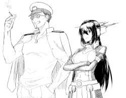 Rule 34 | 1boy, 1girl, admiral (kancolle), bad id, bad twitter id, birii, breasts, cigarette, crossed arms, dog tags, greyscale, hair between eyes, hand in pocket, hat, headgear, holding, holding cigarette, jacket, jacket on shoulders, kantai collection, long hair, looking at viewer, medium breasts, monochrome, nagato (kancolle), nagato kai ni (kancolle), pants, shirt, simple background, sketch, smoke, smoking, sunglasses