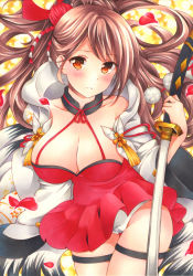 Rule 34 | 1girl, :3, azur lane, bare shoulders, blush, breasts, brown hair, cameltoe, cleavage, closed mouth, collarbone, commentary, cowboy shot, dress, flower, groin, hair flower, hair ornament, halterneck, hand up, head tilt, highres, holding, holding sword, holding weapon, jacket, katana, large breasts, long hair, long sleeves, looking at viewer, open clothes, open jacket, panties, pleated dress, pom pom (clothes), ponytail, red dress, red eyes, saya pr, solo, spider lily, sword, tassel, thigh gap, thigh strap, thighs, underwear, unsheathed, weapon, white jacket, white panties, wide sleeves, zuikaku (azur lane)