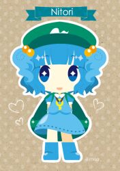 Rule 34 | 1girl, arms behind back, backpack, bag, blue eyes, blue footwear, blue hair, blue shirt, blue skirt, boots, brown background, character name, chibi, chibi only, diamond-shaped pupils, diamond (shape), green bag, green hat, hair bobbles, hair ornament, hat, heart, kawashiro nitori, misaki (1n1m), no nose, outline, rubber boots, shirt, short hair, skirt, solo, standing, symbol-shaped pupils, touhou, twintails, white outline