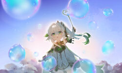 Rule 34 | 1girl, :d, arm up, bare shoulders, bloomers, blowing bubbles, blue sky, bubble, bubble wand, commentary, cowboy shot, crossed bangs, detached sleeves, dress, gem, genshin impact, gold trim, gradient hair, green eyes, green gemstone, green hair, green sleeves, hair between eyes, hair ornament, highres, holding, holding wand, leaf hair ornament, light blush, long hair, multicolored hair, nahida (genshin impact), open mouth, outdoors, outstretched arms, pointy ears, sky, sleeveless, sleeveless dress, smile, solo, symbol-only commentary, symbol-shaped pupils, teeth, underwear, upper teeth only, wand, white bloomers, white dress, white hair, yaner 10