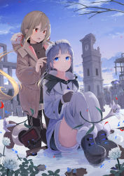 Rule 34 | 2girls, absurdres, blonde hair, blue eyes, blue hair, blush, boots, clock, clock tower, closed mouth, cover, cover page, dengeki bunko, floating hair, flower, grave, hair between eyes, highres, holding, holding letter, kneeling, letter, long hair, long sleeves, looking at another, mikisai, multiple girls, novel cover, novel illustration, official art, open mouth, red eyes, red ribbon, ribbon, sidelocks, sitting, smile, tower, winter, yuri