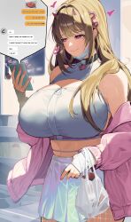 Rule 34 | 1girl, absurdres, bare shoulders, blush, breasts, cellphone, cleavage, collar, cropped shirt, goddess of victory: nikke, hair ornament, highres, horns, huge breasts, iridescent, jacket, light brown hair, long hair, long sleeves, midriff, nyahpa20, off shoulder, phone, pink eyes, pink horns, pink jacket, reflective clothes, shirt, skirt, sleeveless, sleeveless shirt, smile, snake hair ornament, solo, viper (nikke), white shirt, white skirt