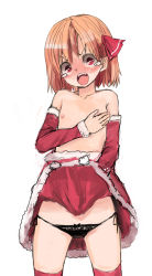 Rule 34 | 1girl, alternate costume, black panties, blonde hair, blush, clothes lift, covering breasts, covering one breast, covering privates, cursor, detached sleeves, embarrassed, flat chest, hair ribbon, looking at viewer, nipples, open mouth, panties, red eyes, red thighhighs, ribbon, rumia, short hair, side-tie panties, simple background, sketch, skirt, skirt lift, solo, tears, thighhighs, touhou, underwear, white background, yunuki uta