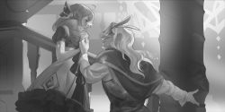 Rule 34 | 1boy, 1girl, ahoge, bow, capelet, character request, dress, drill hair, eye contact, eye mask, glowing, glowing eyes, greyscale, gwen (league of legends), hair bow, highres, holding hands, league of legends, long hair, long sleeves, looking at another, monochrome, puffy short sleeves, puffy sleeves, short sleeves, suqling, twin drills, twintails, two-tone dress