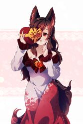 Rule 34 | 1girl, absurdres, animal ear fluff, animal ears, box, brooch, brown hair, collarbone, dress, dungeon toaster, fingerless gloves, gift, gift box, gloves, heart-shaped box, highres, holding, holding gift, imaizumi kagerou, jewelry, long hair, long sleeves, multicolored clothes, multicolored dress, nail polish, open mouth, red dress, red eyes, red nails, smile, solo, tail, touhou, white dress, wolf ears, wolf tail
