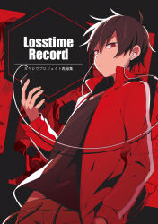 Rule 34 | 1boy, arm at side, black background, black eyes, black hair, black shirt, collared jacket, copyright name, cover, cover page, cowboy shot, doujin cover, dutch angle, earphones, english text, fingernails, hair between eyes, hexagon, highres, holding, holding phone, jacket, kagerou project, kisaragi shintarou, limited palette, long sleeves, looking at viewer, male focus, mekakucity actors, open clothes, open jacket, phone, popped collar, red eyes, red jacket, shirt, short hair, solo, suzumi (fallxalice), t-shirt, track jacket