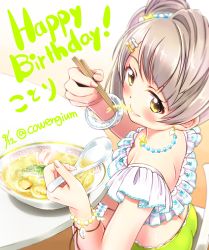 Rule 34 | 10s, 1girl, bad id, bad pixiv id, bangle, blush, bowl, bracelet, chair, character name, chopsticks, commentary request, crop top, dated, earrings, eating, food, food in mouth, from above, grey hair, hair ornament, hairpin, happy birthday, highres, jewelry, long hair, looking back, love live!, love live! school idol project, meandros, minami kotori, necklace, noodles, ramen, ricar, sitting, smile, solo, spoon, table, twitter username, wristband, yellow eyes