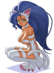 Rule 34 | 1girl, animal ears, animal hands, bad id, bad pixiv id, big hair, blue hair, body fur, breasts, capcom, cat ears, cat girl, cat tail, claws, felicia (vampire), full body, green eyes, large breasts, long hair, muscular, muscular female, shun (greendragon), simple background, sitting, solo, squatting, tail, vampire (game), white background