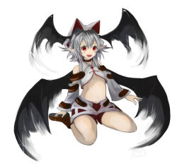 Rule 34 | 1girl, :d, arms at sides, bare shoulders, bat wings, blush, brown footwear, collar, crop top, detached sleeves, facial mark, full body, hair between eyes, hat, head wings, long sleeves, looking at viewer, navel, open mouth, original, pointy ears, psyren2, red eyes, shoes, silver hair, sitting, skirt, smile, solo, stomach, wariza, white skirt, wings