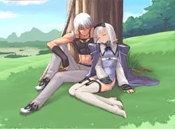 Rule 34 | 1boy, 1girl, abs, against tree, ascot, blade arcus from shining, blanc neige, blue gemstone, blue skirt, boots, bridal gauntlets, brother and sister, cape, closed eyes, couple, crop top, day, dress, forest, fringe trim, full body, gem, goggles, grass, grey pants, hair between eyes, hairband, hand on own thigh, head tilt, hetero, high heel boots, high heels, highres, incest, jewelry, keiner, landscape, leg up, legs together, light smile, long sleeves, mountain, mountainous horizon, nature, no panties, official art, outdoors, pants, popped collar, shining (series), shining tears, shoes, short dress, siblings, sitting, skirt, sleeping, smile, tank top, thigh boots, thighhighs, tony taka, tree, weapon, weapon request, white hair, white thighhighs, xion