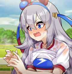 Rule 34 | 1girl, animal ears, ao (user xcnx5328), blue eyes, blue headband, blue sky, blue sports bra, blurry, blurry background, blush, clothes lift, cloud, cloudy sky, commentary request, day, ear covers, fang, frown, grey hair, gym shirt, gym uniform, hairband, headband, horse ears, horse girl, korean commentary, lightning bolt symbol, long hair, looking to the side, open mouth, outdoors, see-through, see-through shirt, shirt, shirt lift, short sleeves, sky, solo, sports bra, sweat, t-shirt, tamamo cross (umamusume), umamusume, wet, wet clothes, wet shirt
